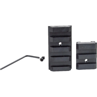 Black grooved stackable spacers with holes, plus an L-shaped Allen key and a small bolt.