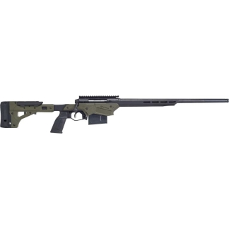 Long-range sniper rifle in olive drab with a detachable magazine and a long black barrel