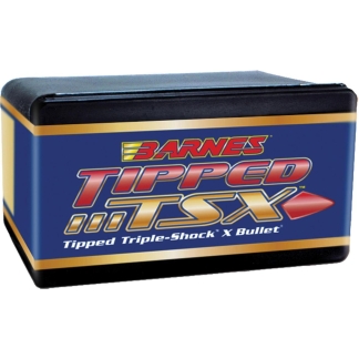Blue and gold Barnes Tipped Triple-Shock X Bullet ammunition tin with bold logo text on blue label.