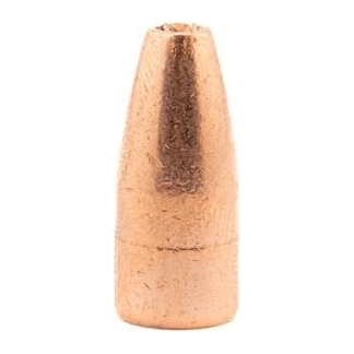Copper-colored bullet tip standing upright against a white background, showing the pointed tip and cylindrical base.