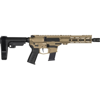Side view of a tan and black AR-style rifle with an adjustable stock and long handguard.