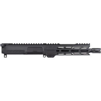 AR-style rifle upper receiver with a free-floating M-LOK handguard, picatinny top rail, and muzzle device on a dark gray finish