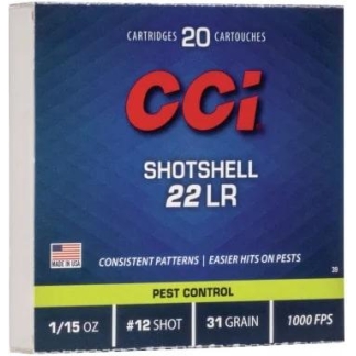 CCI Rimfire Shotshell Ammunition .22 LR 1/15 oz #12 31 gr 1000 fps 2000/ct (100-20/ct Boxes)