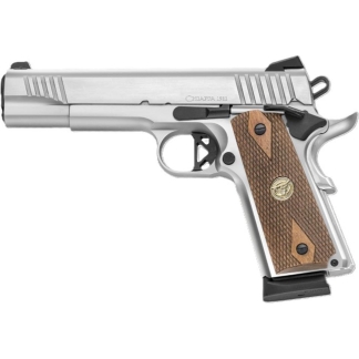 Silver semi-automatic pistol with brown textured grip, facing left