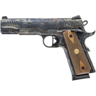 Side view of a camouflage semi-automatic pistol with brown checkered wood grip panels.