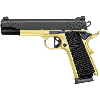 Gold-and-black semi-automatic pistol shown in profile with a textured grip and trigger guard edge visible.