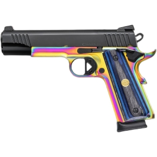 Rainbow-finish semi-automatic pistol shown in a side profile with a black slide and colorful grip panels.