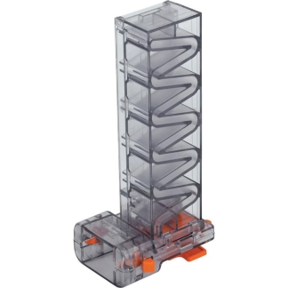 Clear transparent vertical storage rack with multiple staggered shelves and orange latches at the base, designed to hold and dispense small items from top to bottom.