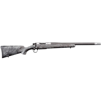 Bolt-action rifle with a camo-patterned stock and long barrel shown on a white background.