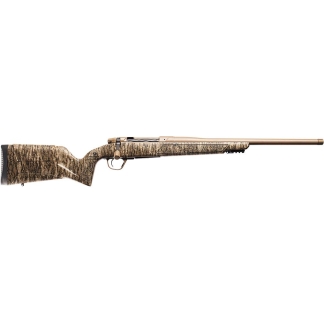 Bolt-action hunting rifle with a tan camouflage-patterned stock and long barrel
