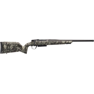 Camouflage-pattern bolt-action rifle shown from the left side with a long barrel and trigger guard visible