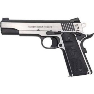 Semi-automatic pistol in a side profile, silver slide with black grip and trigger guard