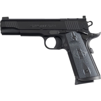 Colt Government Model semi-automatic pistol in profile, black finish with textured grip.