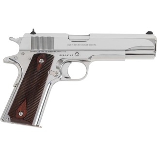 Polished silver Colt Government Model semi-automatic pistol with brown checkered grip, shown from the side.