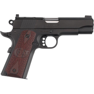 Colt Commander semi-automatic pistol with dark finish and brown checkered grip on a white background from the left side