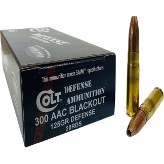 Box of Colt Defense ammunition for 300 AAC Blackout, 125 GR, 20 rounds, with two cartridges beside it