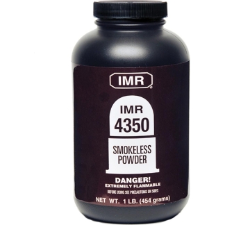 Black bottle labeled IMR 4350 smokeless powder with danger warning.