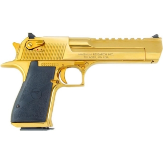 Gold-plated semi-automatic pistol with a black grip shown in side view