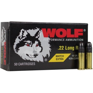 Wolf Performance Ammunition box for .22 Long Rifle, 40 gr non-corrosive bullets, 50 cartridges, with two rounds shown beside the box
