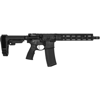 Black semi-automatic rifle with adjustable stock, long handguard, and detachable magazine on a white background, shown in profile?