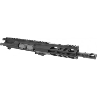 Black firearm upper receiver with free‑float handguard and muzzle device