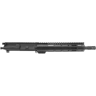 AR-style rifle upper receiver with a long free-float handguard and Picatinny rails, laid horizontally