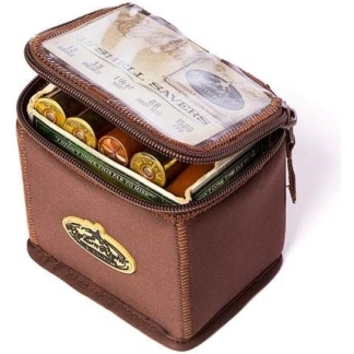 Brown leather coin purse with a clear top showing coins and folded bills inside