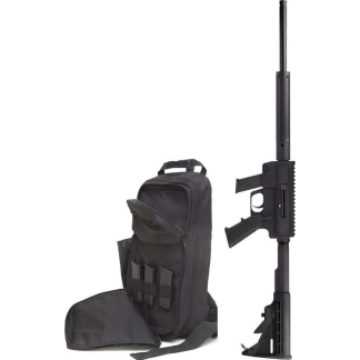 Tactical rifle standing upright next to an open black backpack with magazine pouches on a white background.