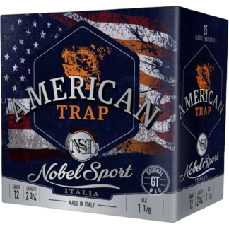 Box of Nobel Sport American Trap shotgun shells, dark blue packaging with orange 'AMERICAN TRAP' text and an American flag background.