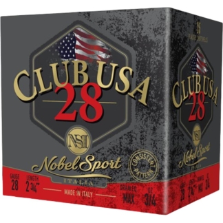 Front of a gray Club USA 28 Noble Sport cigar box with US flag emblem and red bottom band.