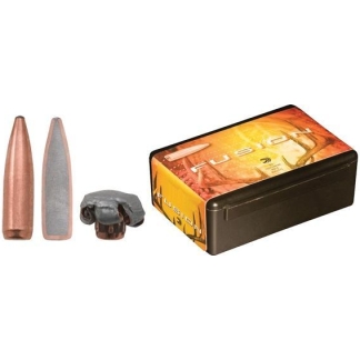 Two copper bullets and a small metal component beside a rectangular Fusion ammunition box with a yellow-and-orange label.