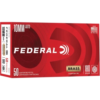 Box of Federal 10mm Auto brass pistol ammunition, 50 rounds, 180 grain centerfire cartridges, red packaging.