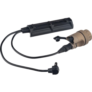 Two-piece electrical connector with a black inline module and a tan right-angle plug, on a white background.
