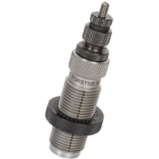 Metal RF coaxial connector with knurled rings and locking nut, labeled 'FORSTER', used to attach test cables.