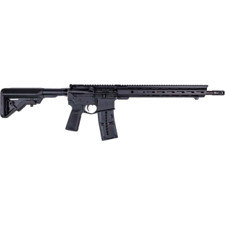 AR-15 style black semi-automatic rifle with collapsible stock, pistol grip, and quad-rail forearm on a white background