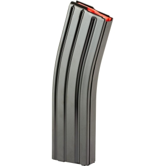 Detachable metal rifle magazine with a red follower visible at the top, curved design.
