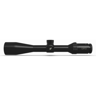 Black rifle scope laid horizontally on a white background, with adjustment knobs in the middle and the GPO logo on the right side.