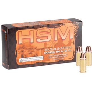 HSM ammunition box with three brass cartridges standing beside it, packaging reads 'AMMUNITION MADE IN U.S.A.'