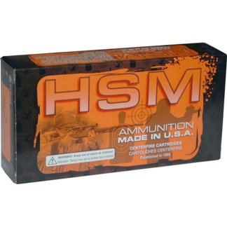 Box of HSM ammunition with orange branding reading 'Ammunition Made in U.S.A.' and silhouette figures in the background