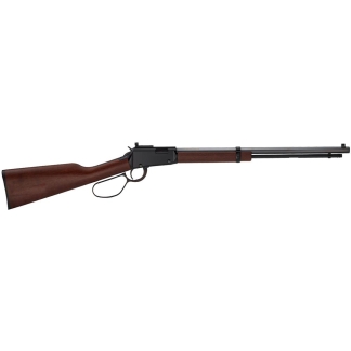 Lever-action rifle with wooden stock and long barrel viewed from the side.