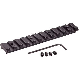 Black Picatinny rail segment with four mounting screws and an Allen wrench for firearm accessory mounting.