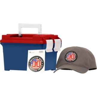 Blue toolbox with a red lid and white latches, plus a gray cap bearing an American Made logo.