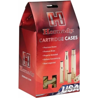 Red Hornady cartridge cases package with bullets graphic and 'Cartridge Cases' text, showing a cut-out window and USA branding at the bottom.