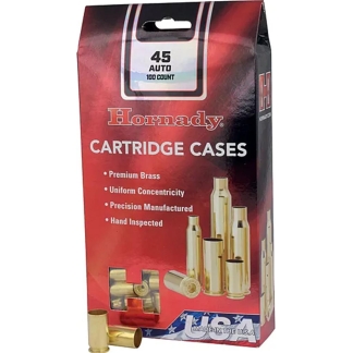 Hornady Cartridge Cases packaging showing brass ammunition and bullets with front‑facing features and 'premium brass' and 'precision manufactured' text on the box