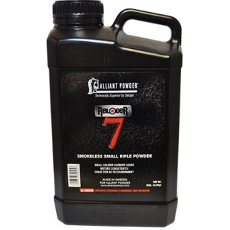 Black plastic jug of Reloder 7 smokeless powder for small-caliber rifles, with carrying handle and safety labels on the front.