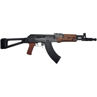 AK-style assault rifle with folding stock, wood handguard and curved magazine