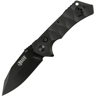 Black folding tactical knife with a drop-point blade and textured, grip-pattern handle.