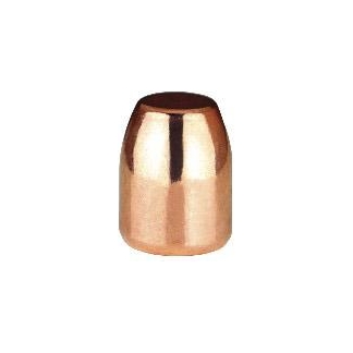 Copper-colored bullet jacketed projectile facing upward with rounded tip.