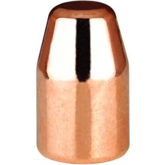 Copper-colored bullet cartridge standing upright with a shiny copper jacket
