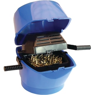 Open blue plastic bin filled with brass cartridge casings and a reloading press on top, suggesting ammunition reloading or shell processing.